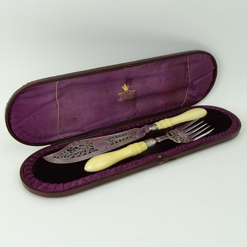 19th Century Victorian Sheffield Sterling Silver Fish Set With Carved Ivory Handles.