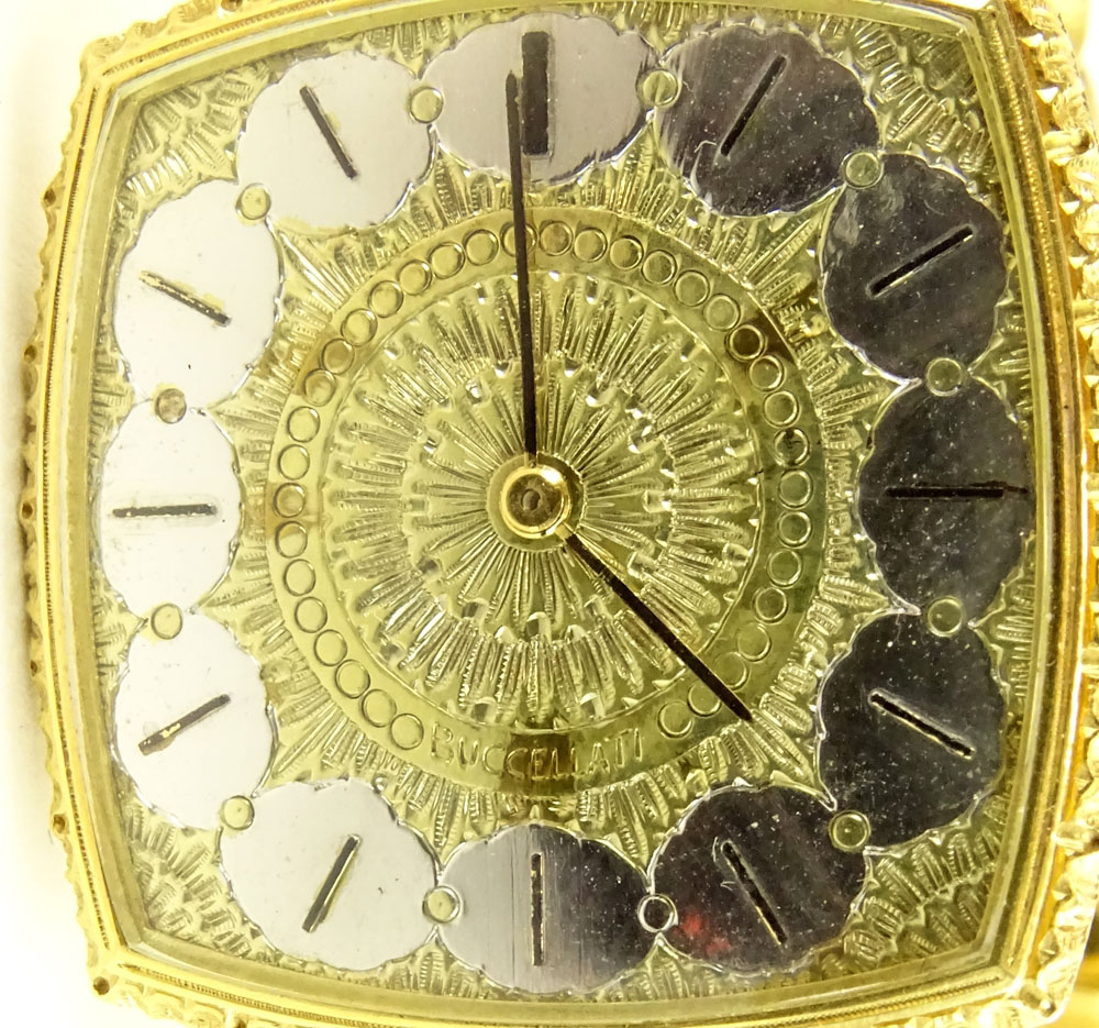 Vintage Buccelatti 18 Karat Yellow Gold Bracelet Watch with Universal Genève Manual Movement.