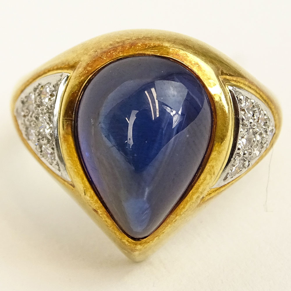 Tenhagen Laboratory Certified 7.53 Carat Cabochon Ceylon Sapphire and 18 Karat Yellow Gold Ring