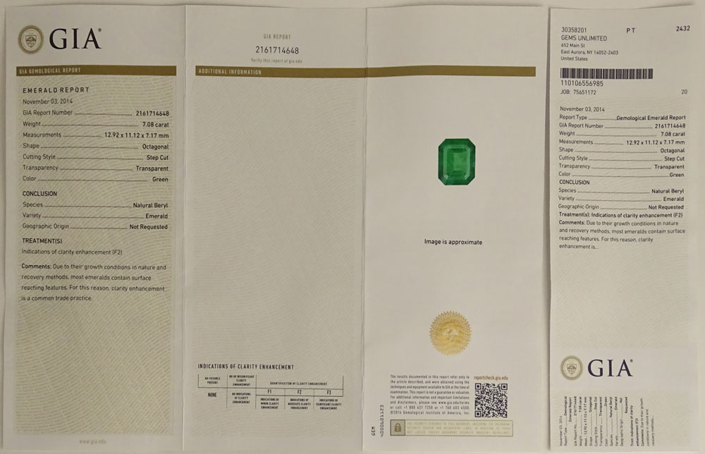 GIA Certified 7.08 Carat Octagonal Step Cut Emerald, approx. 3.72 Carat Round Cut Diamond and 18 Karat White Gold Ring. 