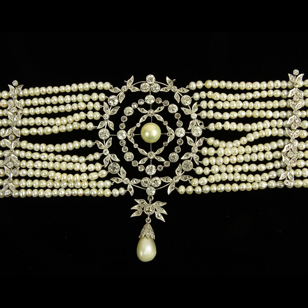 Edwardian Diamond, Pearl and Platinum Choker Necklace. 