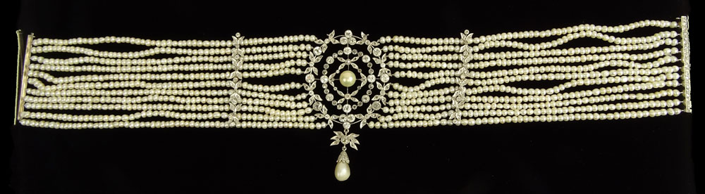 Edwardian Diamond, Pearl and Platinum Choker Necklace. 