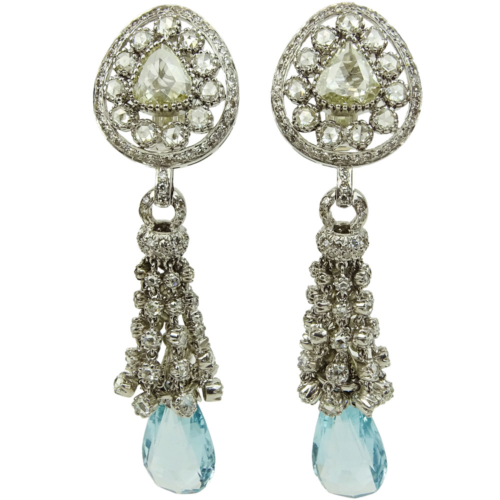 Important Pair of Fred Leighton approx. 14.50 Carat Rose Cut Diamond, 20.0 Carat Briolette Aquamarine and 18K White Gold Chandelier Earrings.