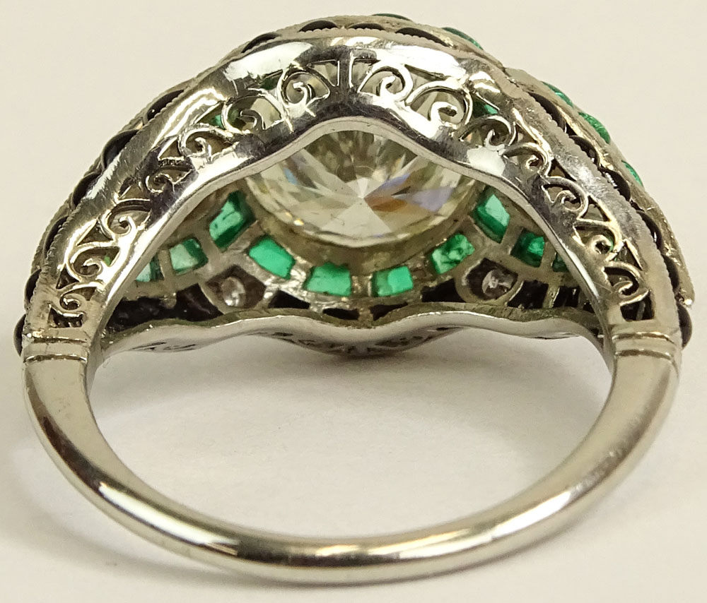 Very Fine Art Deco Design Approx. 4.25 Carat Cut Diamond, 1.50 Carat Colombian Emerald and Platinum Engagement Ring. 