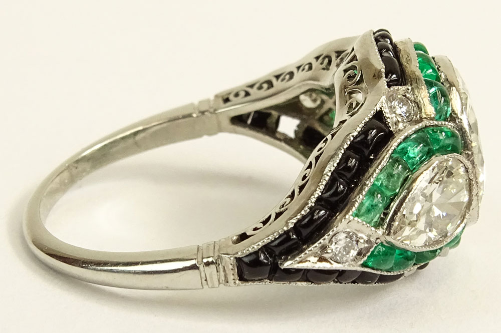 Very Fine Art Deco Design Approx. 4.25 Carat Cut Diamond, 1.50 Carat Colombian Emerald and Platinum Engagement Ring. 