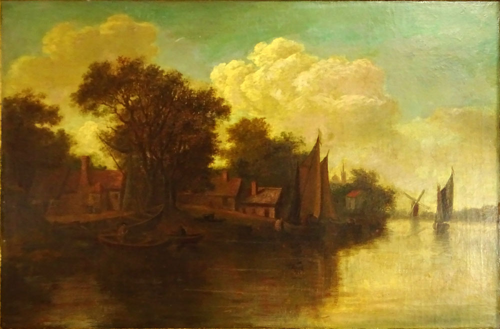 19th Century Dutch Landscape Depicting a Landscape With Boats and Windmills.