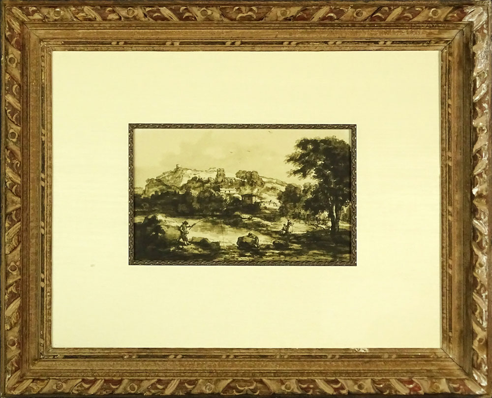 18th Century Continental Ink Wash on paper. "Landscape with Figures" Unsigned.