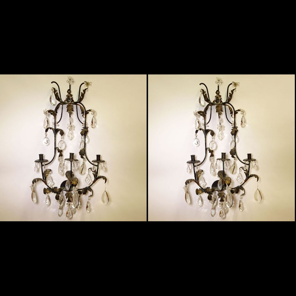 Early to Mid 20th Century Iron, Gilt Tole and Crystal Twelve Light Chandelier. 