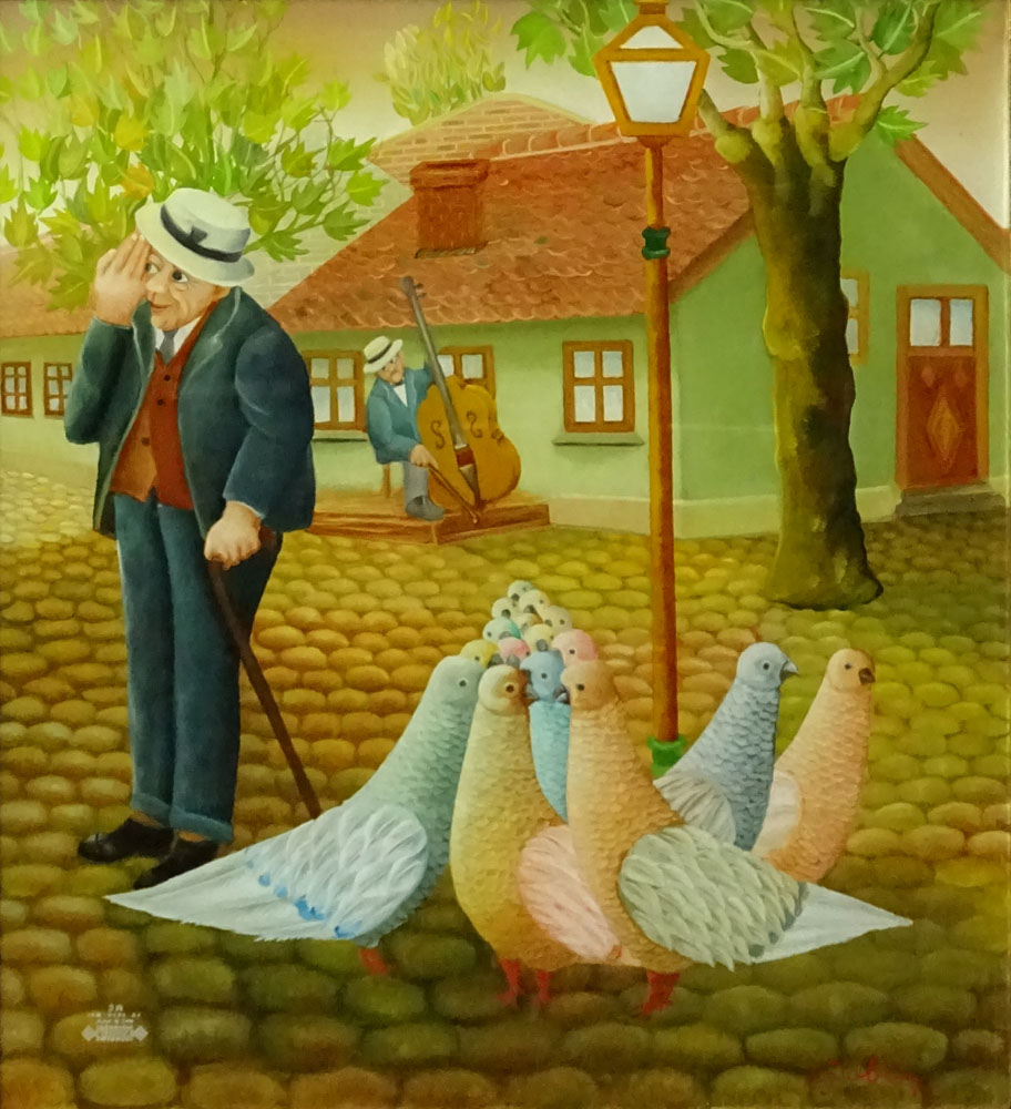 Djordje Dobric, Yugoslavian (1931-1978) Oil painting on glass "Pigeon Square" 