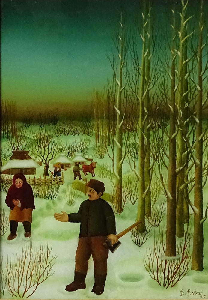 Djordje Dobric, Yugoslavian (1931-1978) Oil painting on glass "Gathering Wood" 
