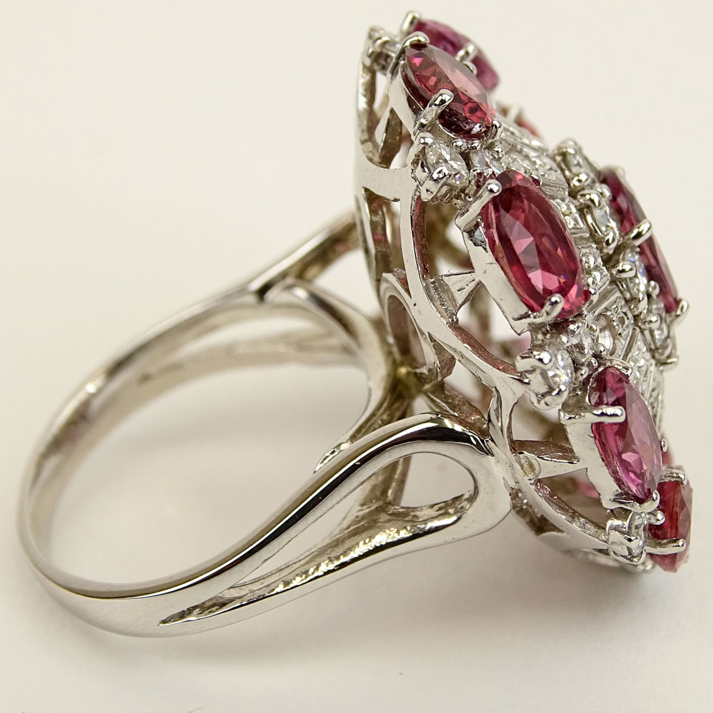Lady's Vintage approx. 2.0 Carat Round Cut Diamond, Oval Cut Garnet and 14 Karat White Gold Ring. 