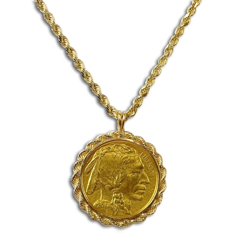 24 Karat Yellow Gold Buffalo Gold Coin Pendant in Gold Bezel and with 14 Karat Yellow Gold Rope Chain.