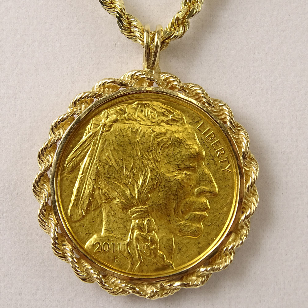 24 Karat Yellow Gold Buffalo Gold Coin Pendant in Gold Bezel and with 14 Karat Yellow Gold Rope Chain.