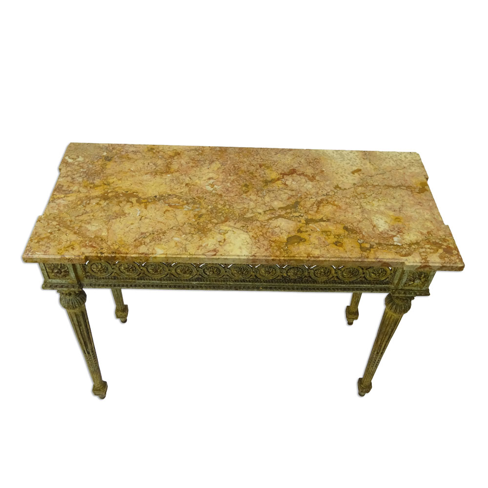 18/19th Century Continental Neo-Classical Style Carved and Giltwood Console with Marble Top.