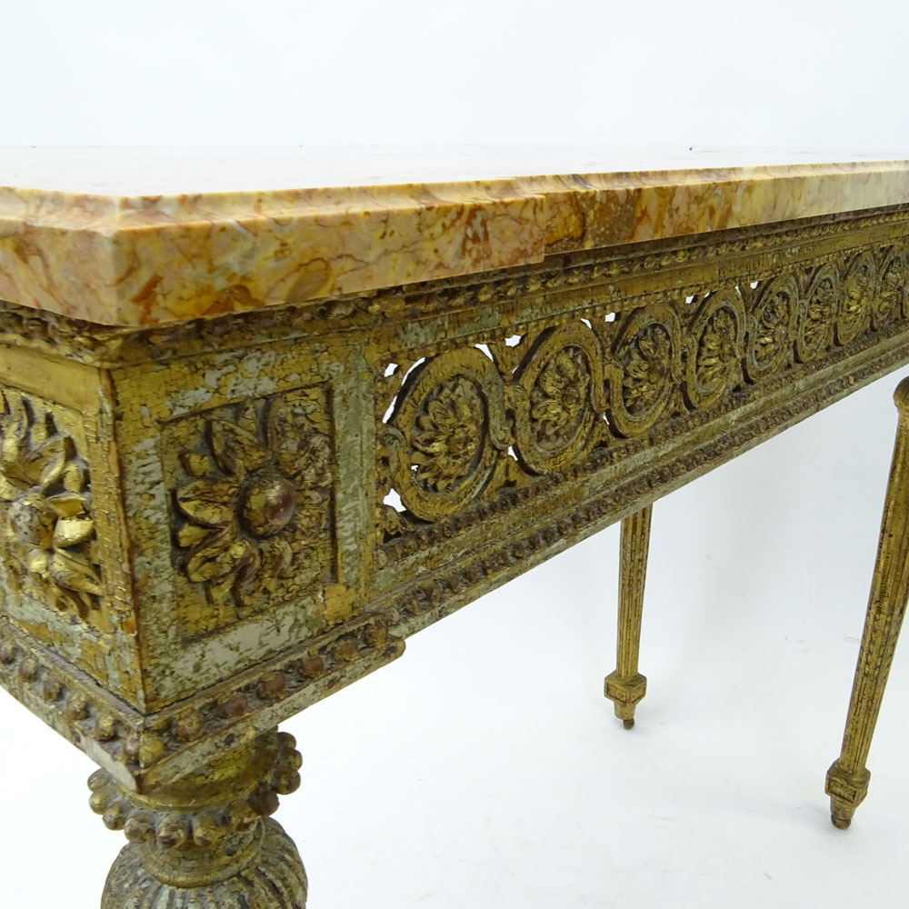 18/19th Century Continental Neo-Classical Style Carved and Giltwood Console with Marble Top.