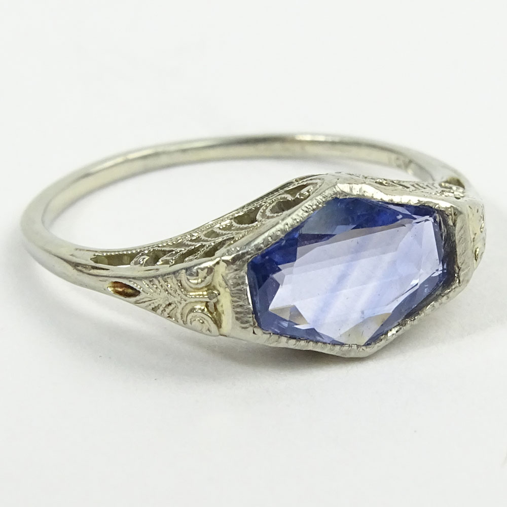 Antique Hexagonal Cut Natural Sapphire and 18 Karat White Gold Ring.