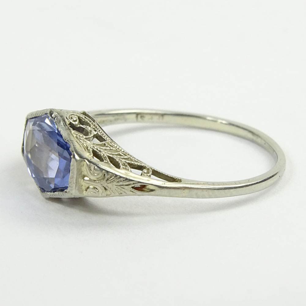 Antique Hexagonal Cut Natural Sapphire and 18 Karat White Gold Ring.