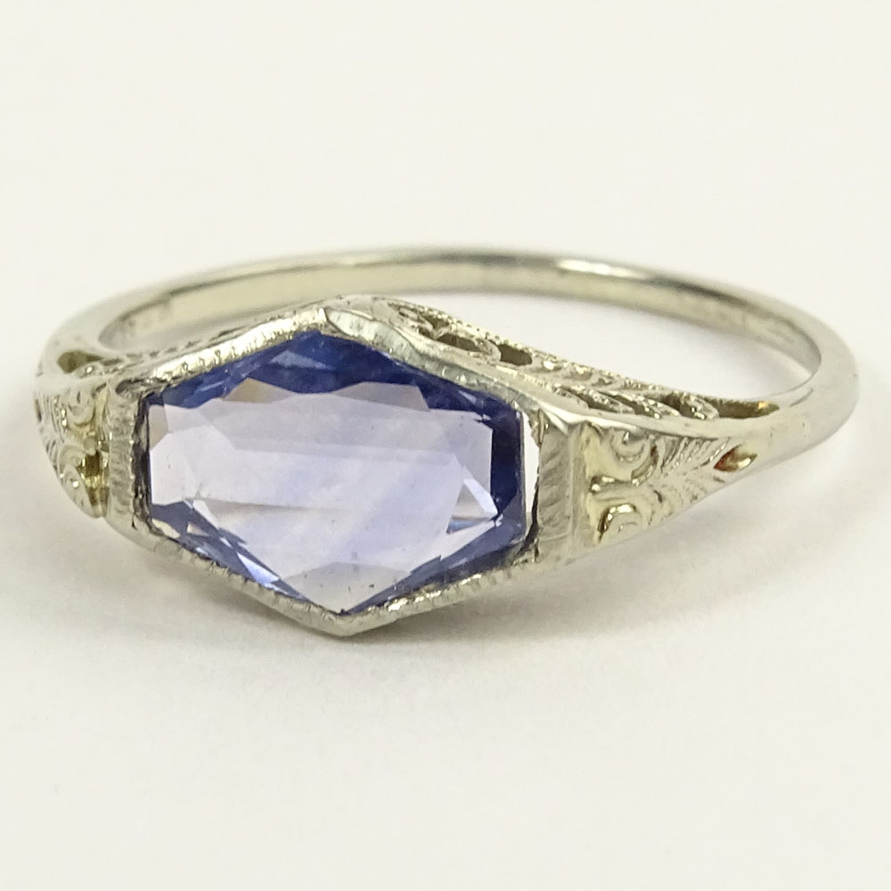 Antique Hexagonal Cut Natural Sapphire and 18 Karat White Gold Ring.