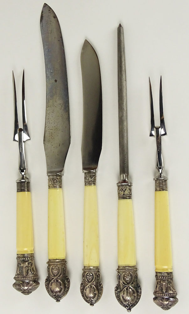 19th Century Sterling Silver Mounted Ivory Handled Five (5) Piece Carving Set in Fitted Box.