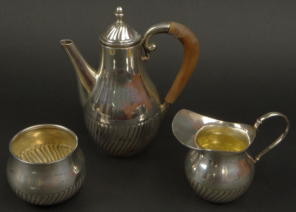 Three (3) Piece Antique Sterling Silver Petite Tea Service. Slanted Ribbed Motif.