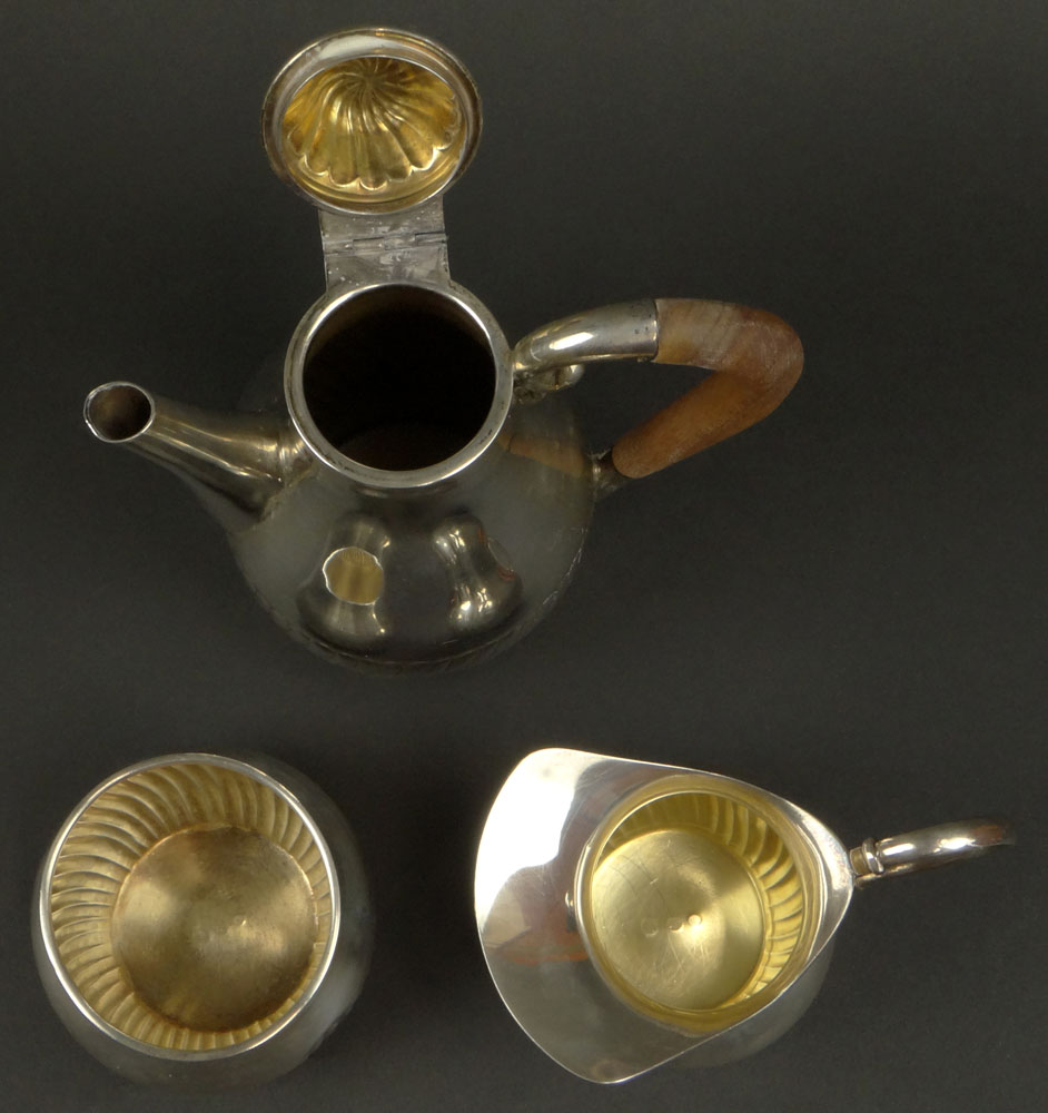 Three (3) Piece Antique Sterling Silver Petite Tea Service. Slanted Ribbed Motif.