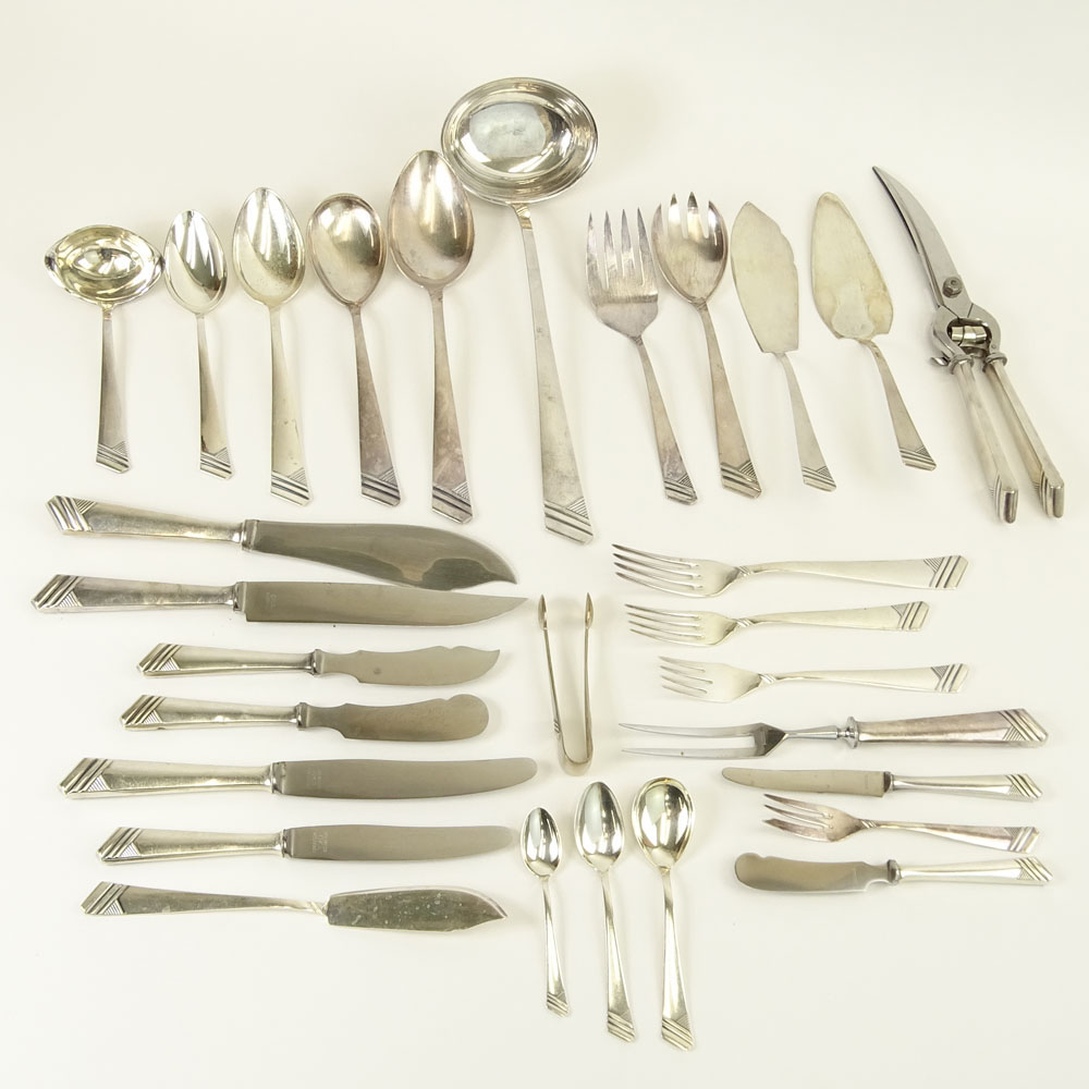 Impressive 182 Piece Set of OKA Sterling Silver Flatware in Custom Wood Chest.