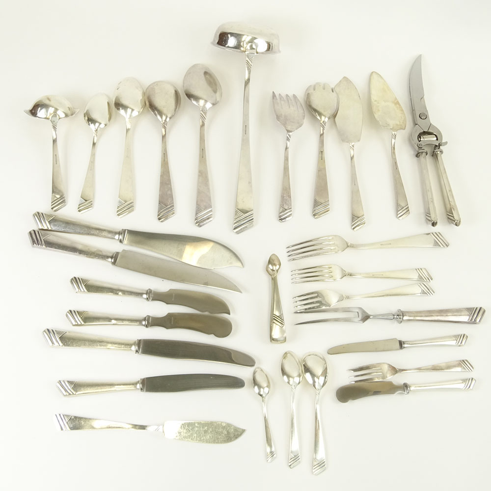 Impressive 182 Piece Set of OKA Sterling Silver Flatware in Custom Wood Chest.