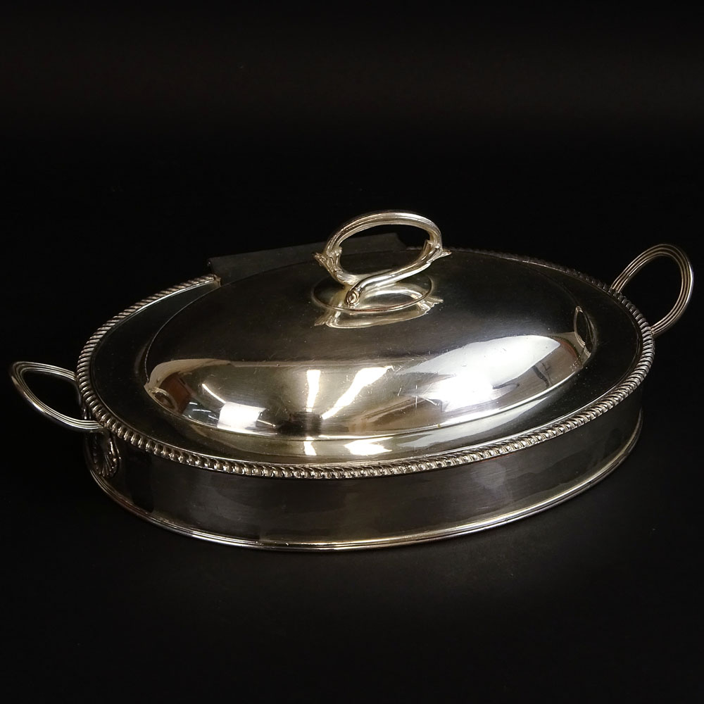 19/20th Century English Silverplate Covered Warming Dish with Silver Mounts (handles).