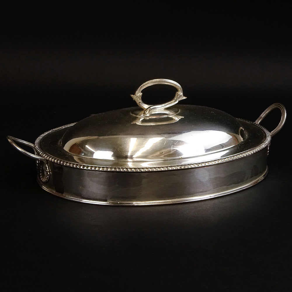 19/20th Century English Silverplate Covered Warming Dish with Silver Mounts (handles).