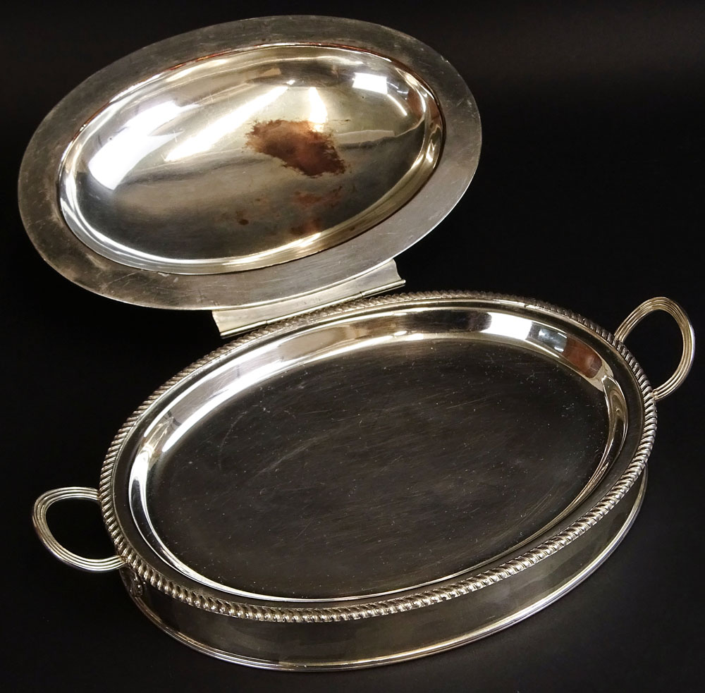 19/20th Century English Silverplate Covered Warming Dish with Silver Mounts (handles).