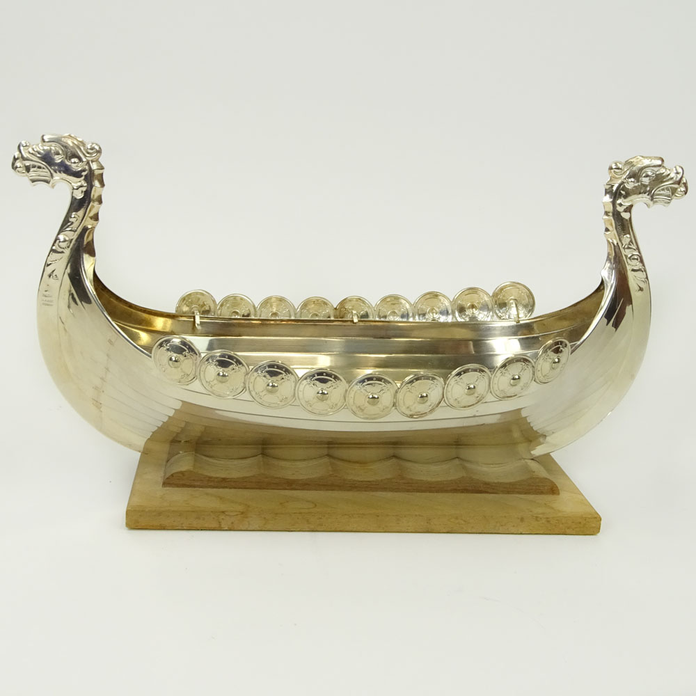 Vintage Norwegian Silver Plate Viking Ship on Wood Stand.
