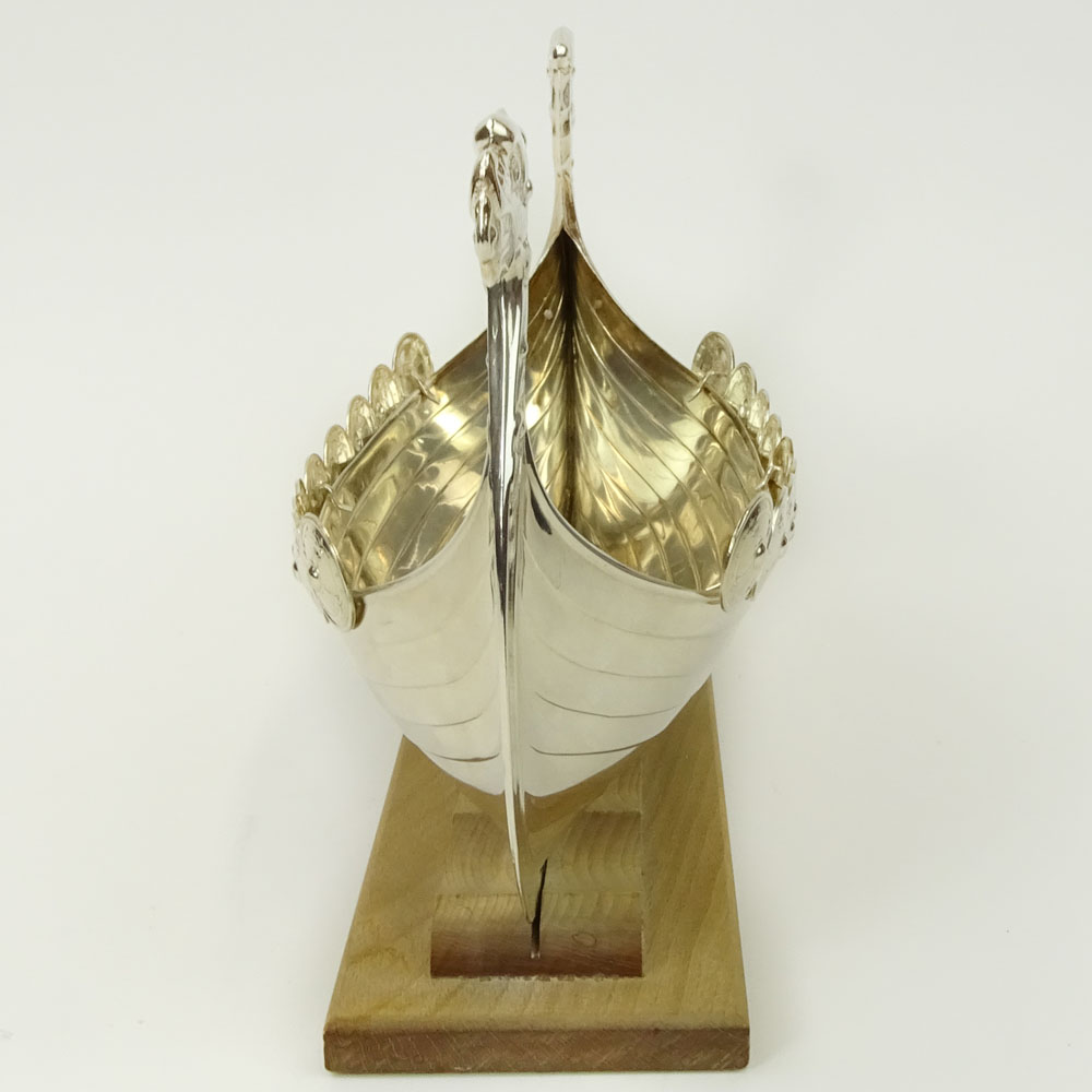 Vintage Norwegian Silver Plate Viking Ship on Wood Stand.