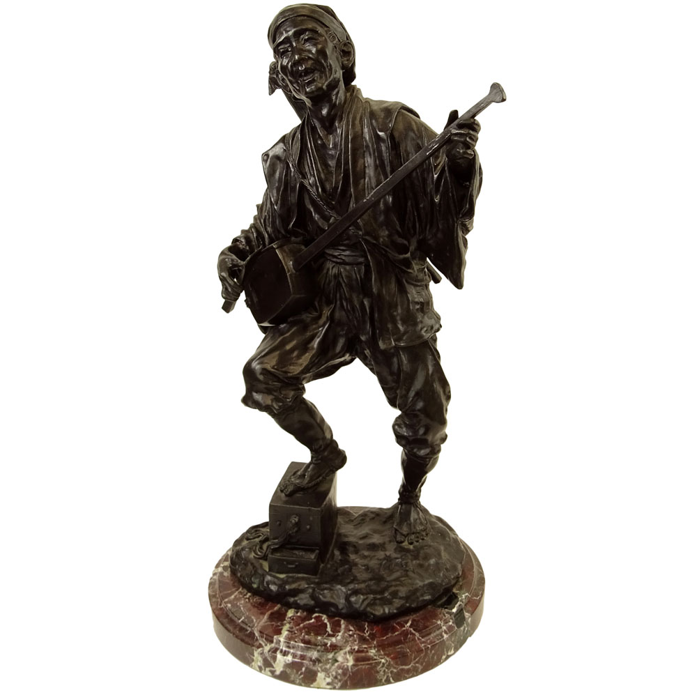 Large 19/20th Century Japanese Bronze Sculpture on Marble Base "Man With Instrument and Parasol".