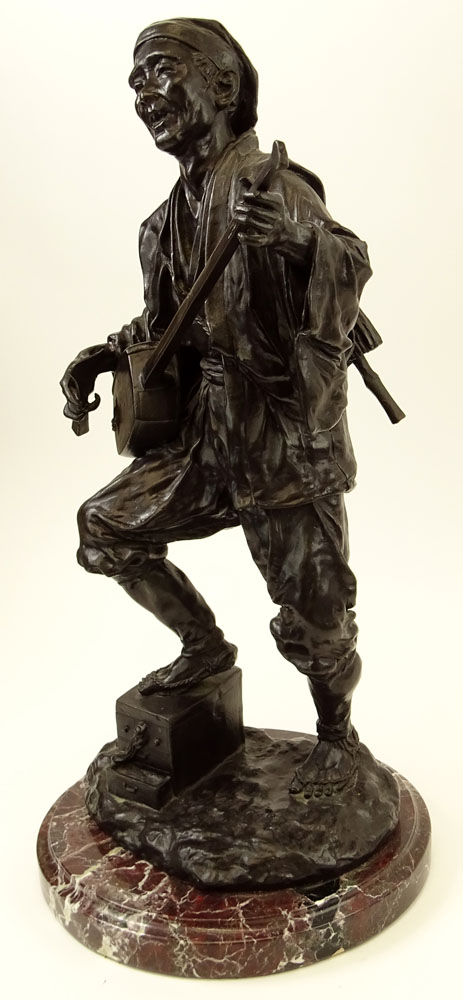 Large 19/20th Century Japanese Bronze Sculpture on Marble Base "Man With Instrument and Parasol".