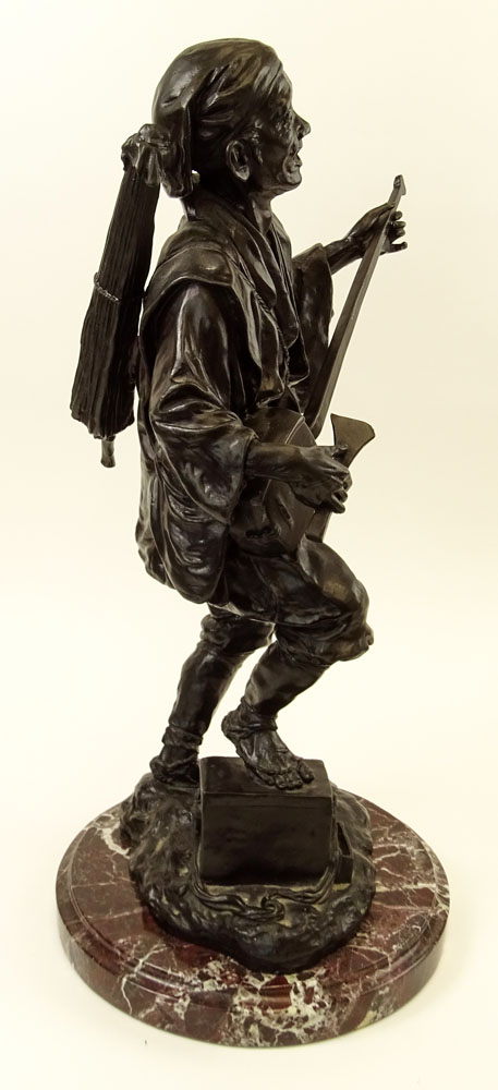 Large 19/20th Century Japanese Bronze Sculpture on Marble Base "Man With Instrument and Parasol".