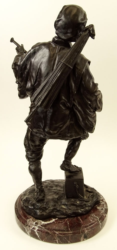 Large 19/20th Century Japanese Bronze Sculpture on Marble Base "Man With Instrument and Parasol".