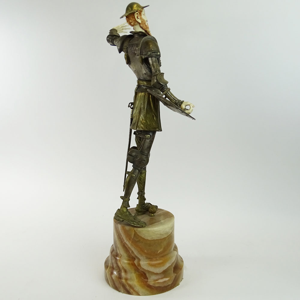 Large 20th C Bronze Sculpture "Don Quixote" on Rouge Marble Base. Carved Ivory hands and head. 