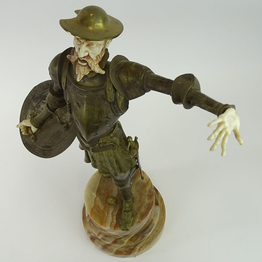 Large 20th C Bronze Sculpture "Don Quixote" on Rouge Marble Base. Carved Ivory hands and head. 