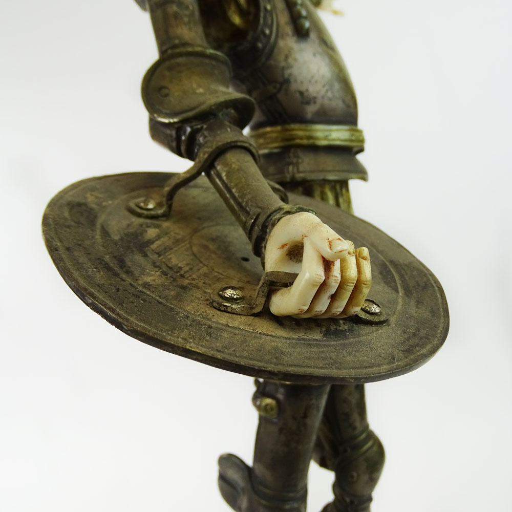 Large 20th C Bronze Sculpture "Don Quixote" on Rouge Marble Base. Carved Ivory hands and head. 