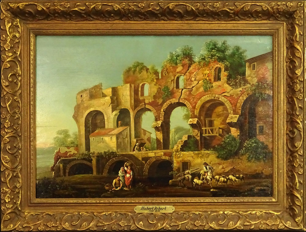 after: Hubert Robert, French (1733-1808) Oil on Panel, The Ruins. 