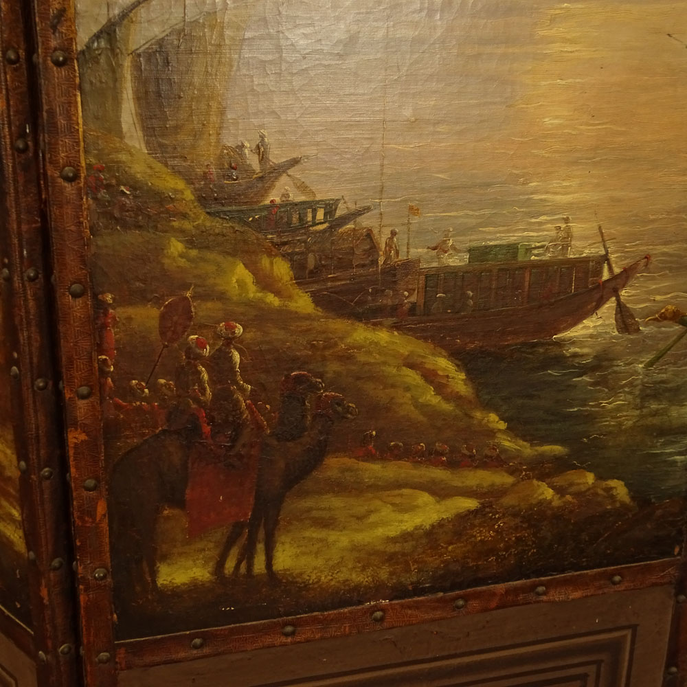 19th Century English Four (4) Panel Oil Painting on Canvas Screen Depicting Scenes from the British Raj.