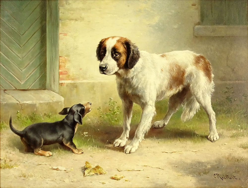 Carl Reichert, Austrian (1836-1918) Oil on Board "Spaniel and Dachshund".