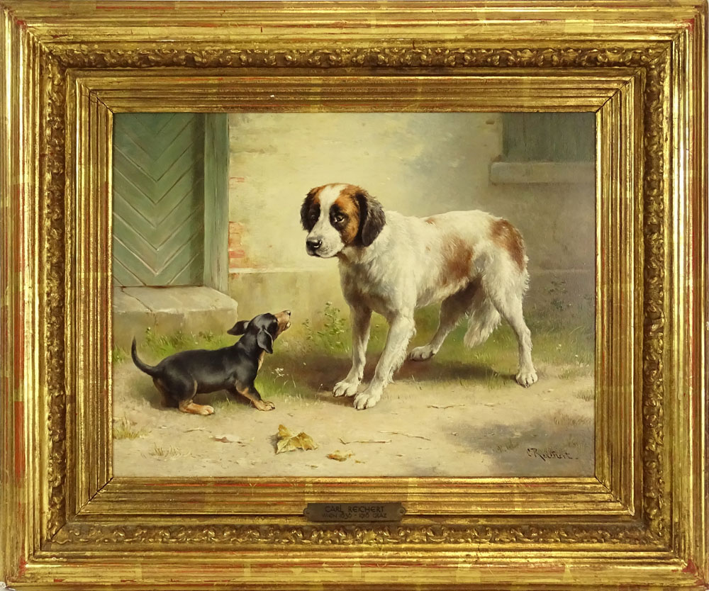 Carl Reichert, Austrian (1836-1918) Oil on Board "Spaniel and Dachshund".