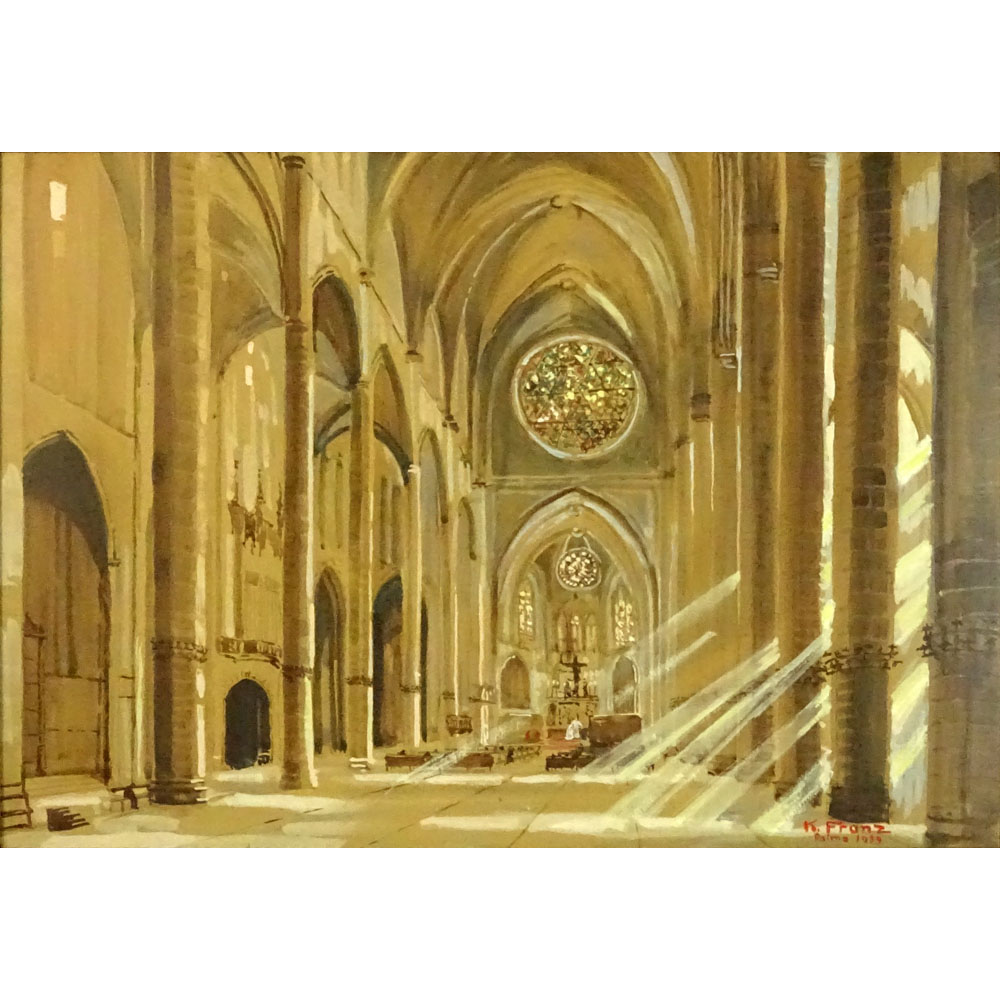 K. Franz (20th Century) Watercolor and Highlights "Church Interior with Streaming Sunlight".