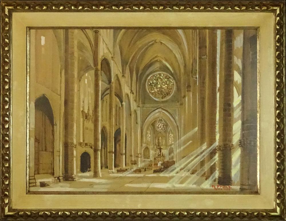 K. Franz (20th Century) Watercolor and Highlights "Church Interior with Streaming Sunlight".