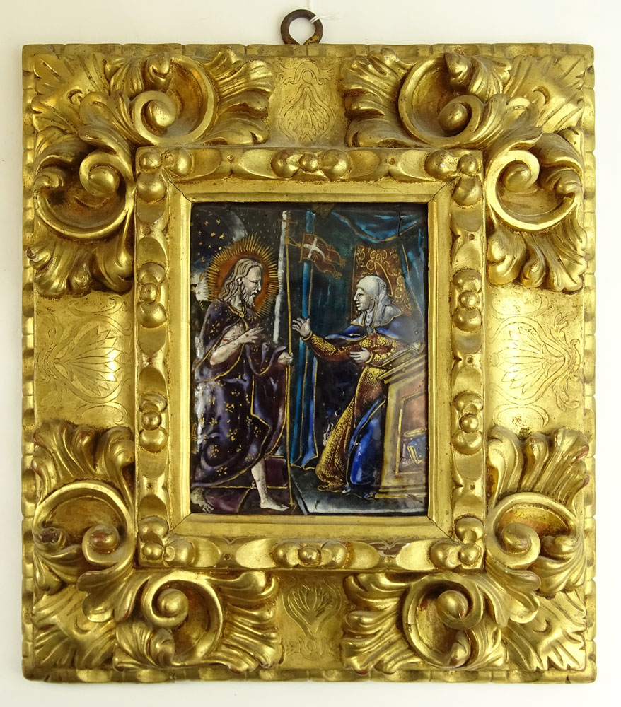 Antique Limoges French Enamel Painting on Copper in Carved Giltwood Frame.