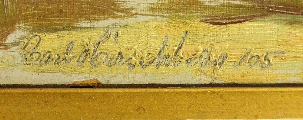 Carl Hirschberg, American  (1854-1923) Oil on cardboard "Lake Shore Landscape".