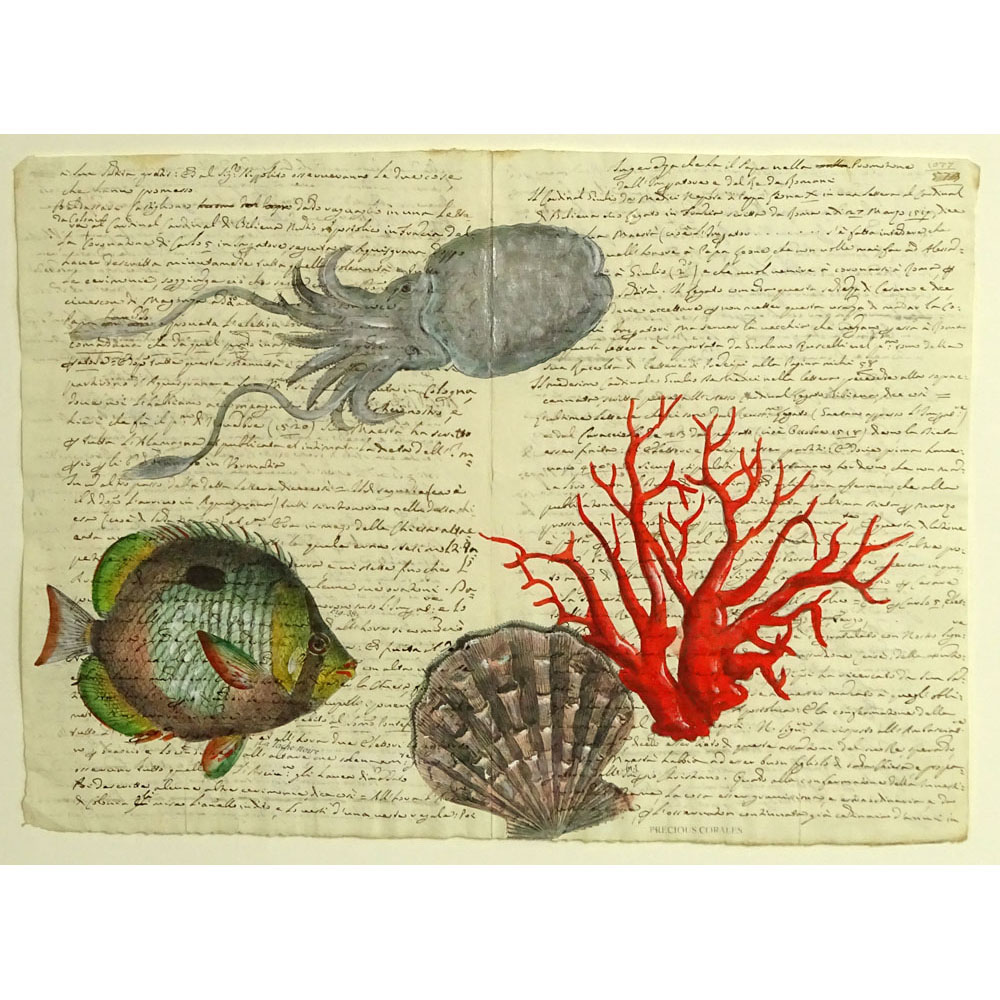 17th Century Manuscript Hand Decorated with Later Watercolor "Sea Life". 