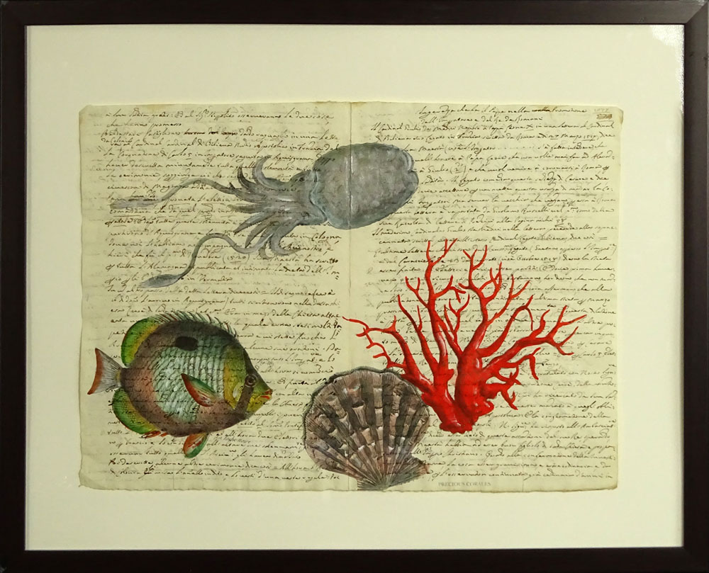 17th Century Manuscript Hand Decorated with Later Watercolor "Sea Life". 