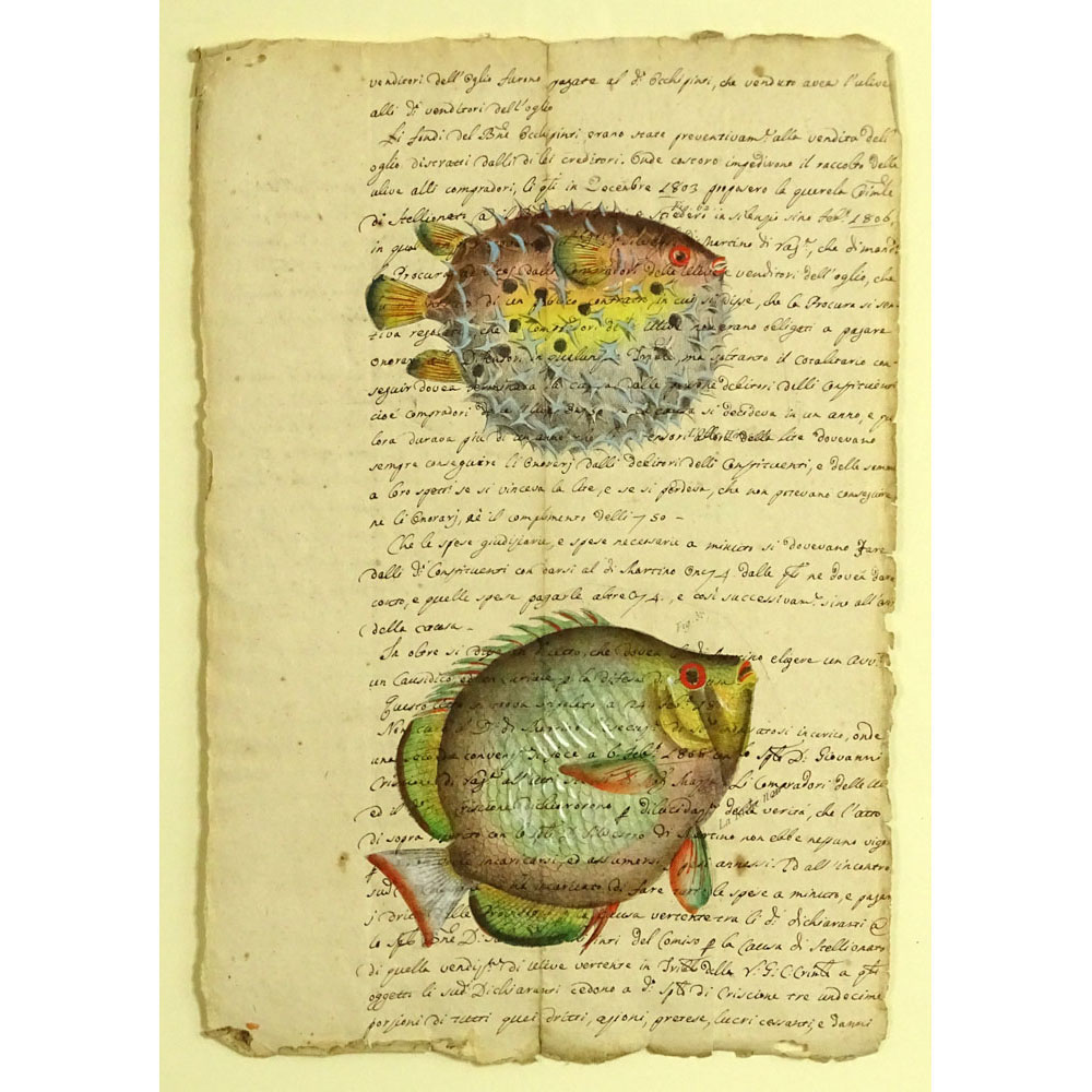 17th Century Manuscript Hand Decorated with Later Watercolor "Fish". 